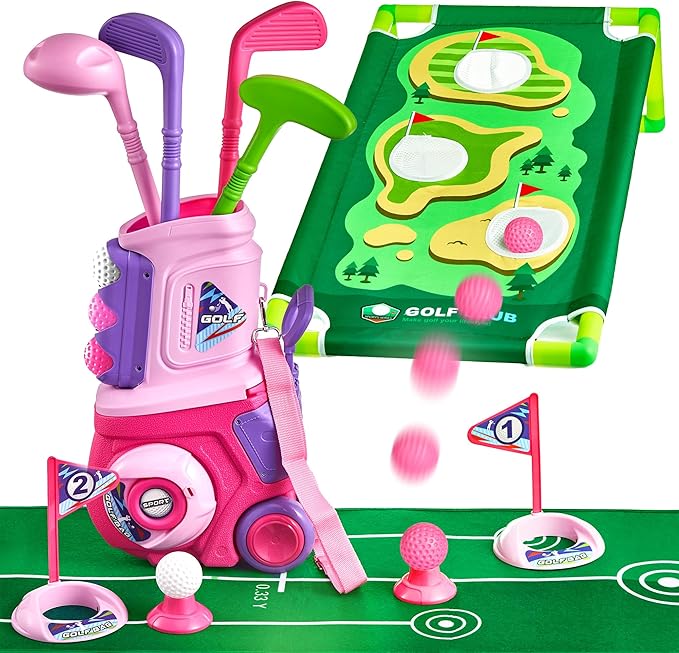 PJG Toddler Golf Set with Mat & Cornhole Board Ages 1 2 3 4 5 Years Old, Plastic Kids Golf Clubs 3-5 with 4 Golf Clubs and 10 Balls, Golf Toy with Cart for Boys and Girls Birthday (Pink)