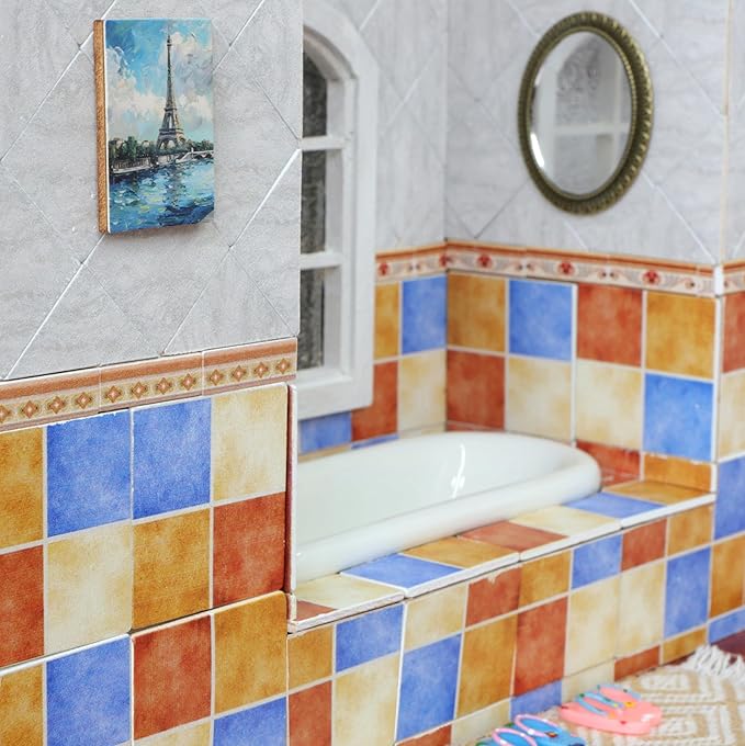 iLAND Miniature Dollhouse Accessories,60pcs Dollhouse Flooring on 1:12 Scale Color Patchwork Tiles (60pcs Mediterranean Style