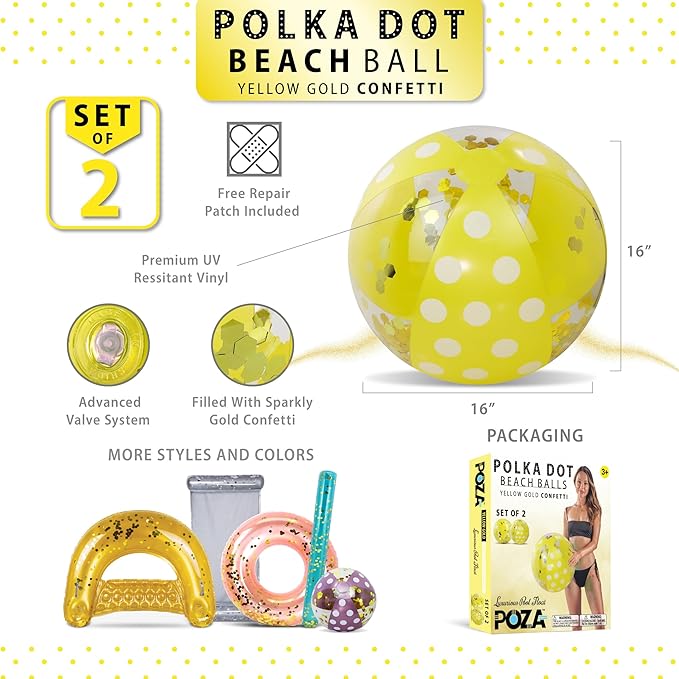 POZA Inflatable Beach Balls - Elegant Glitter Confetti Premium Floaters, Heavy Duty Vinyl Floatation Pool Toys for Pool Beach Party, UV Resistant Pool Décor