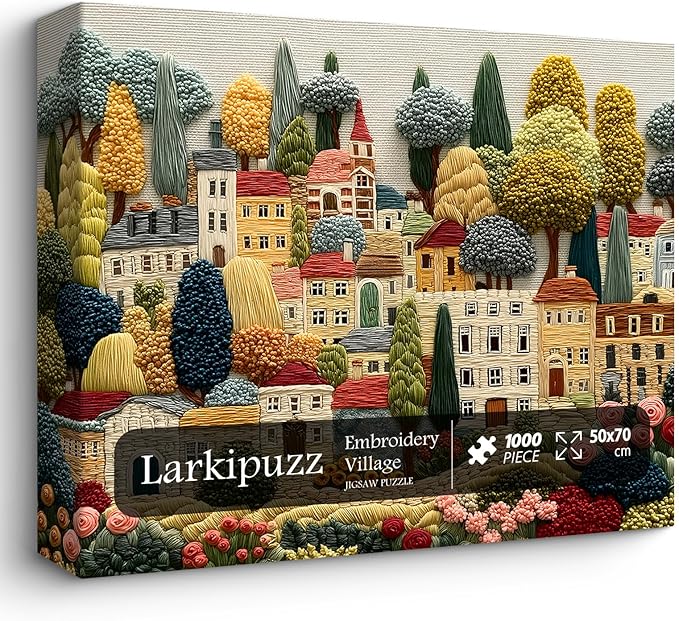 Embroidery Village Jigsaw Puzzle 1000 Pieces, Patchwork Country House Puzzles for Adults Trees, Larkipuzz Impossible Quilting Plants Puzzles for Wall Decor