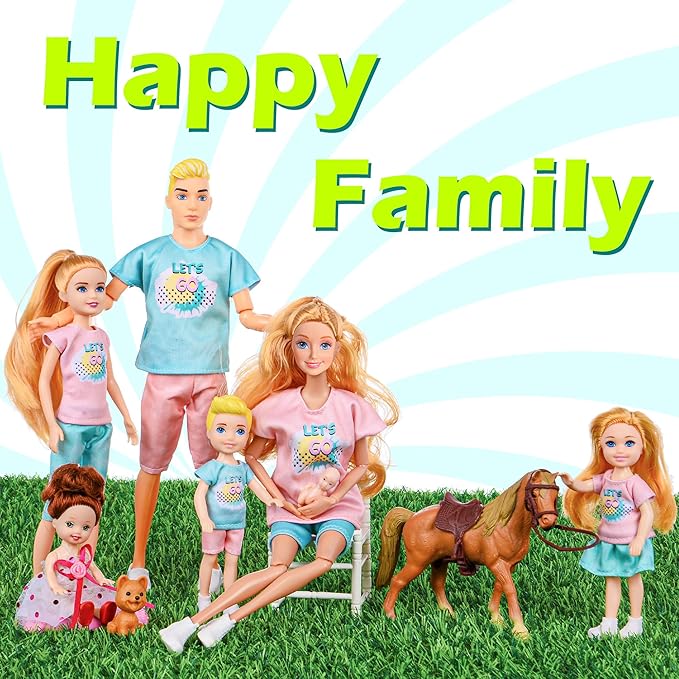 Family Dolls Set of 7 People Include Pregnant Mom Dad 4 Kids, a Small Baby in Mommy's Tummy,a Puppy Dog and a Little Horse, Doll Playsets and Accessories for 3-12 Years Old Toddlers Gift
