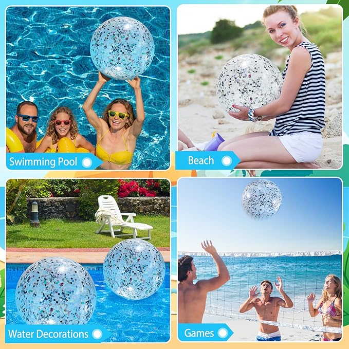 12 Pack Silver Glitter Beach Balls 16" Large Inflatable Sparkly Confetti Pool Balls Glitter Pool Toys PVC Jumbo Sport Ball for Birthday Hawaiian Wedding Christmas Happy New Year Party Favor