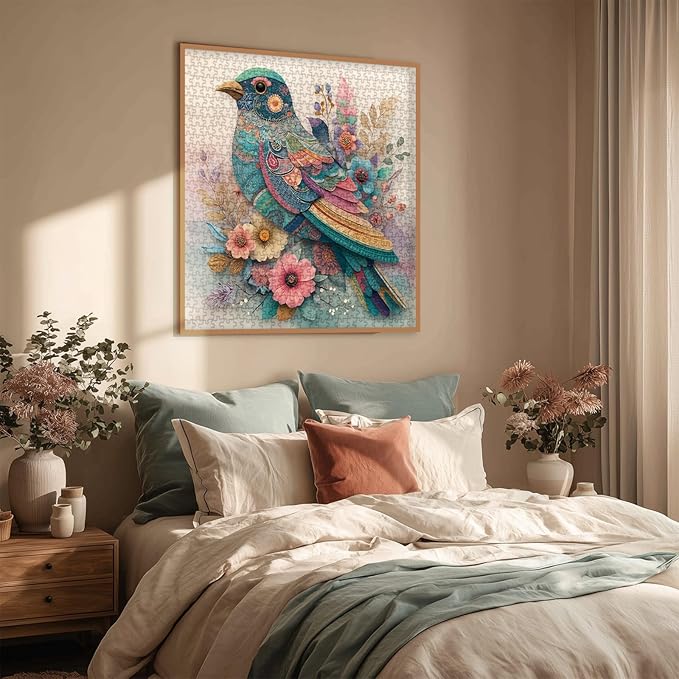 Vintage Flower Bird Puzzle 1000 Pieces for Adults, Colorful Totem Floral Collage Jigsaw Puzzle, Spring Bohemian Animal Art Puzzles