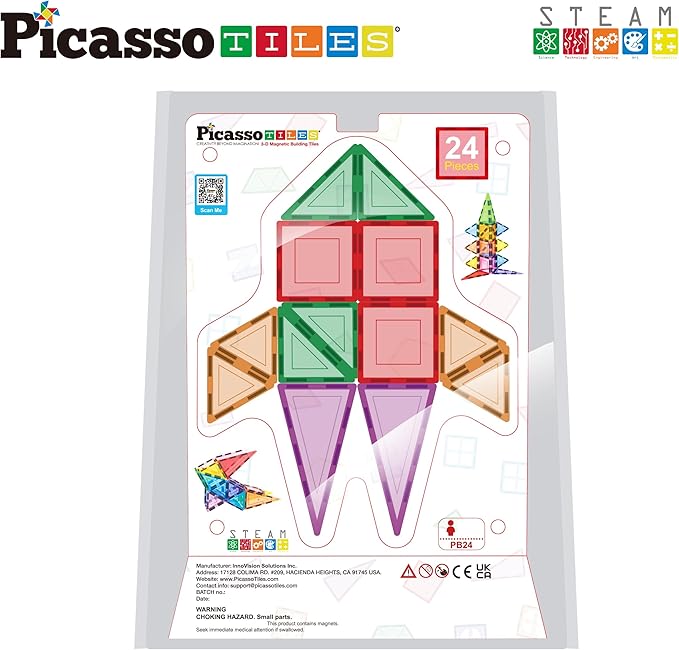 PicassoTiles Magnet Tile Building Block Set Magnetic Construction Square Triangle Tiles Toy Kit Sparking Creativity Geometric Shapes STEM Educational Learning Brain Development Kids Ages 3+ PB24