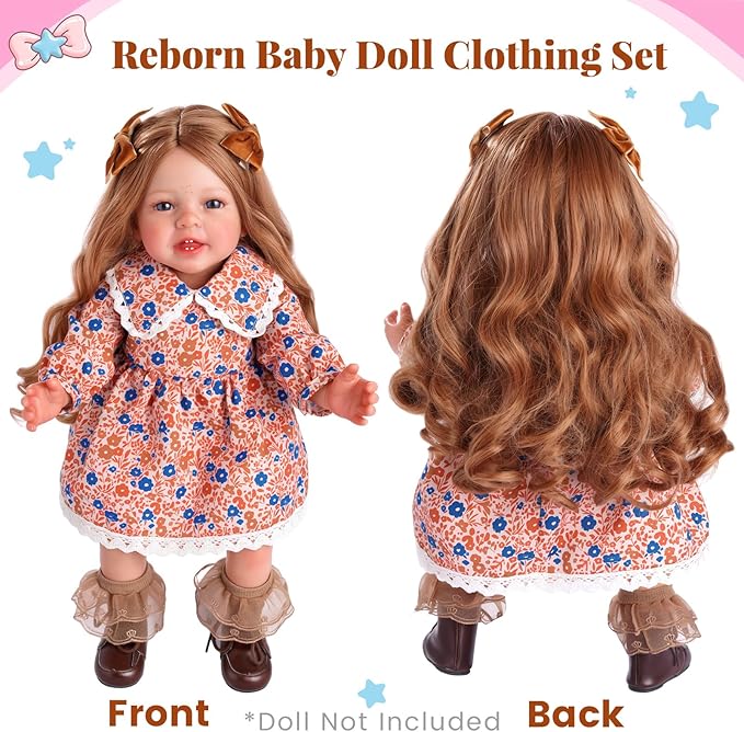 BABESIDE 5 Pcs Reborn Baby Doll Clothes Set for 17-22 Inch Dolls, Cute Floral Doll Dress with Bow Hair Clips Socks and Diaper Reusable for Reborn Baby Dolls Accessories