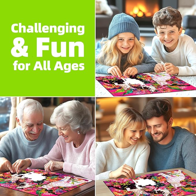 Spring Cat & Flower 1000 Piece Puzzles for Adults Clearance, Colorful Fun Puzzles for Adults 1000 Pieces with HD Print & Poster, 27.5" X 19.7" Dust Free, for Gifts Halloween Christmas Family Games