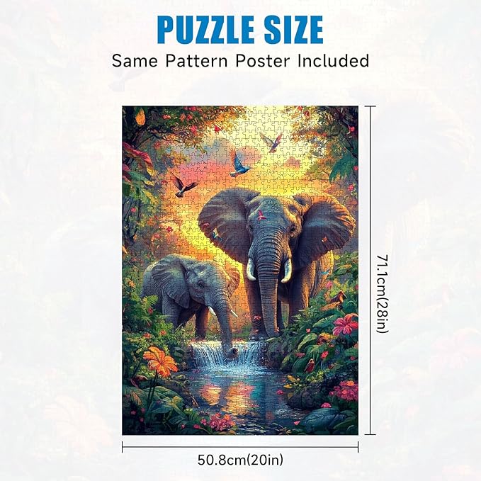 1000 Piece Jigsaw Puzzle for Adults, Mother Elephant & Calf in Lush Jungle with Waterfall, Tropical Forest with Colorful Birds, 20x28 Inch Premium Puzzle, Precision Cut for Relaxation