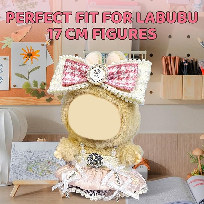 17cm Doll Clothes Set for Labubu – Pink Outfit with Spaghetti Strap Dress & Headband – Designer Clothes for 17cm Sitting or Standing Dolls (No Doll)