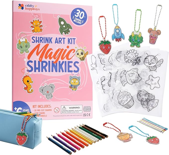 CRAFTY HAPPITOYS Shrink Art Sheets - Craft Kit for Kids - Art and Craft for Kids - Shrink Plastic Sheets with 30 Pre Cut Charms - DIY Jewelry Making - Keychain Activity - Shrinky Kit 70pc