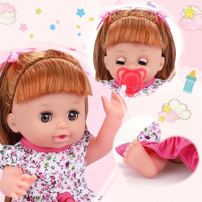 Baby Doll Toys Set, 14" Doll Toys, 25Pcs Dolls Care Toy Playset, Toddlers Toy Dolls Set Incl Cradle Crib, High Chair, Milk Bottle, Pacifier, Diaper, Baby Gift for Age 3 4 5 6+ Years Old Girls Boys