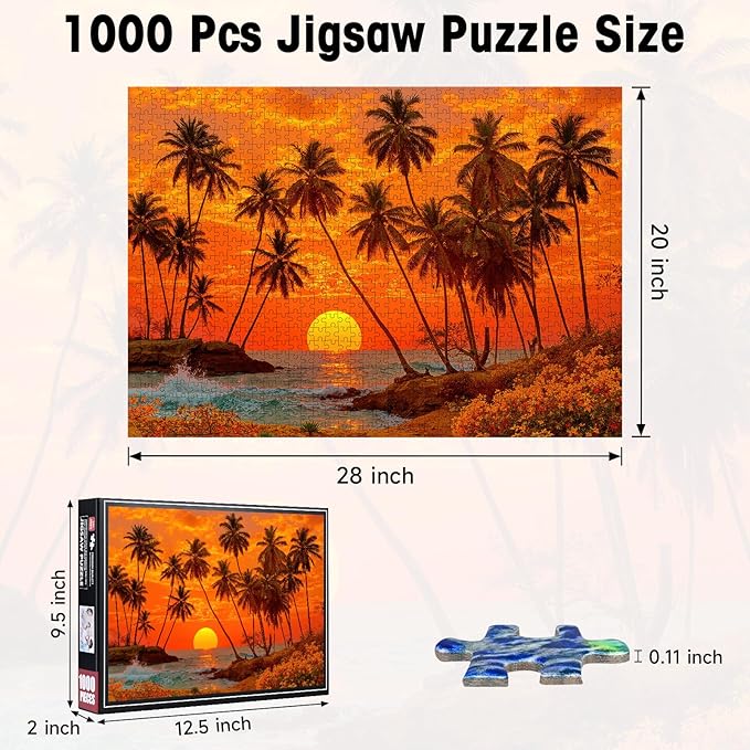 Puzzles for Adults 1000 Pieces, Tropical Sunset Beach Jigsaw with Letters on Back, Palm Trees & Ocean Waves, 28x20 Inch Wall Art, Relaxing Family Game, Easter