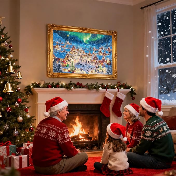 Christmas Puzzles 1000 Pieces for Adults,Jigsaw Puzzles 2 Pack - Challenging Christmas Games, Shimmering Northern Lights & Santa Scene, Christmas vaction Family Night Activity, Winter Wall Art Decor