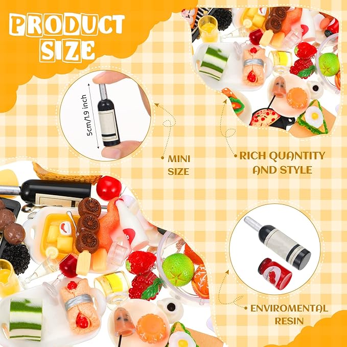 HyDren 74 Pcs 1:12 Scale Dollhouse Miniature Food with Wooden Dollhouse Furniture of Table and Chair, Mini Kitchen Accessories Sets Include Mini Milk Juice Knife Fork Spoon Dessert Cake BBQ