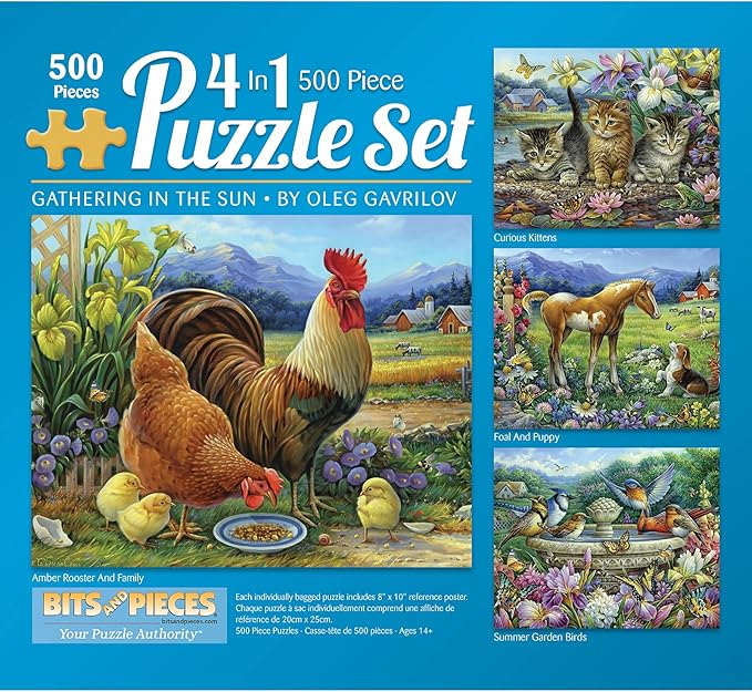 Bits and Pieces – 4-in-1 Multipack Jigsaw Puzzles for Adults – Kittens, Puppies, Rooster, and Summer Garden Birds by Oleg Gavrilov – Colorful Animal & Family Scenes (Four 500 Piece Puzzles 16" x 20")