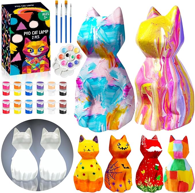 FUNZBO 2pcs Paint Your Own Cat Lamp - Easter Basket Stuffers, Arts and Crafts Supplies Painting Kits for Kids Teens, DIY Night Light Toy for Girls Boys Ages 3 4 5 6 7 8 9 10 11 12 13 Birthday Gifts