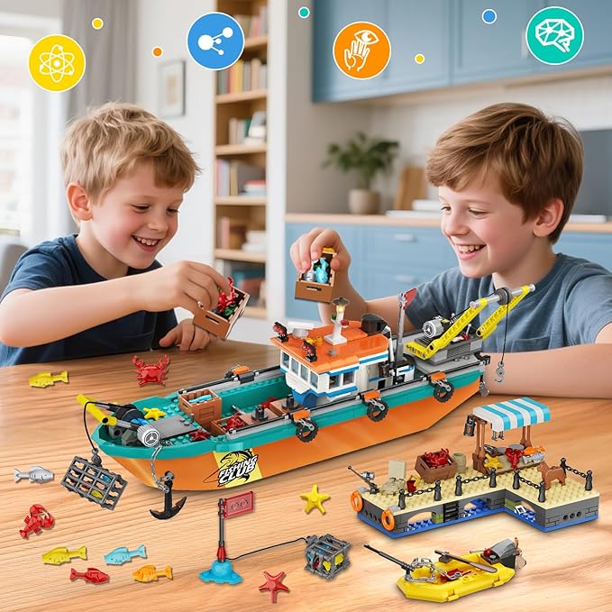City Fishing Boat Wharf Building Set - Floatable Sea Fishing Ship Building Block Kit with Speedboat Crane Containers Exploration Boats Toy Birthday Gift for Kids Boys Girls 6 7 8 9 10+, 762PCS