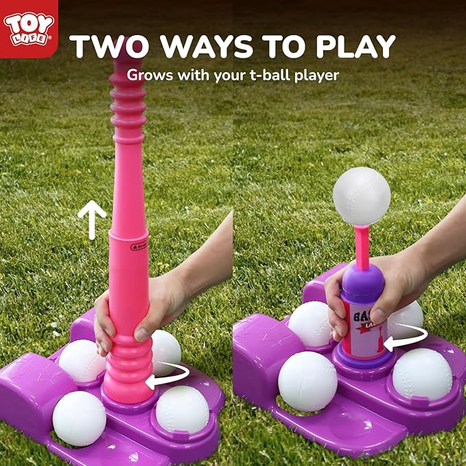 TOY Life T Ball Sets for Kids 3-5, Baseball Set for Toddler Girls, TBall Stand with Ball Launcher and 6 Teeballs, Indoor/Outdoor Sport Toys Gifts for Girls, Pink