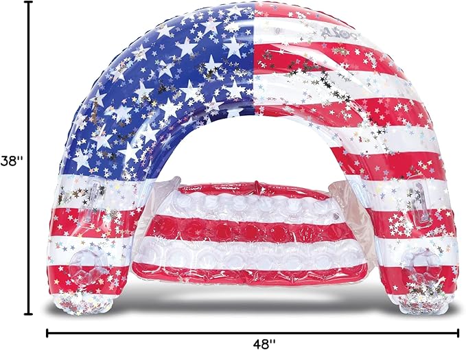 POZA Inflatable USA Pool Float - Luxurious Fun Lounger Filled with Sparkle Silver Stars Confetti, Cool USA Flag Design Water Swimming Pool Floaties for Beach, Lake & Pool