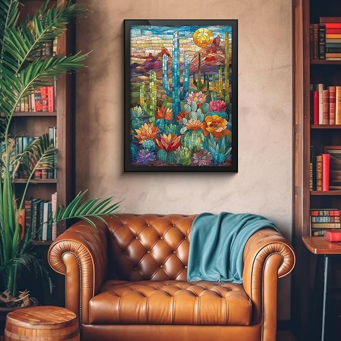 Cactus Puzzles for Adults 1000 Pieces and up, PICKFORU Stained Glass Puzzle Including Mosaic Art Cactus, Colorful Succulent Puzzles for Plant Lovers