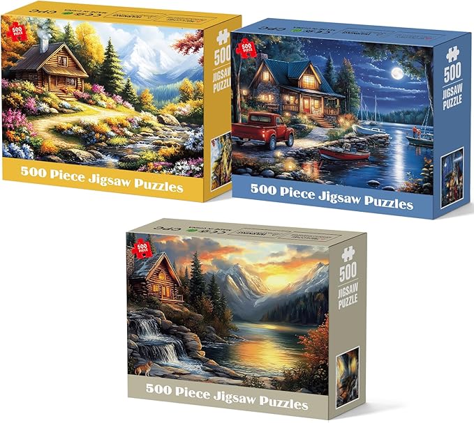 3 Pack Puzzles for Adults 500 Pieces, Canoe Lake and Night View Jigsaw Puzzles 500 Pieces for Teens Seniors, Challenging Cabin Sunset Puzzle for Game Night, for Outdoor Nature Lovers