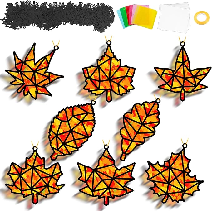 32 Sets Thanksgiving Fall Maple Leaf Suncatchers Craft Kit DIY Window Stained Glass Effect Autumn Maple Leaf Paper Crafts Home School Classroom Decoration Kid Gift Creative Art Project Activity Game