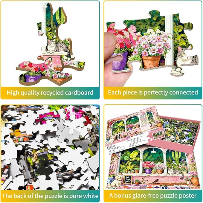 500 Piece Jigsaw Puzzle for Adults -Floral Garden Window with Cute Cat Puppy - Vibrant Pink Plant Decor Paper Puzzle for Relaxation Finished Size 19.3" x 13.7"