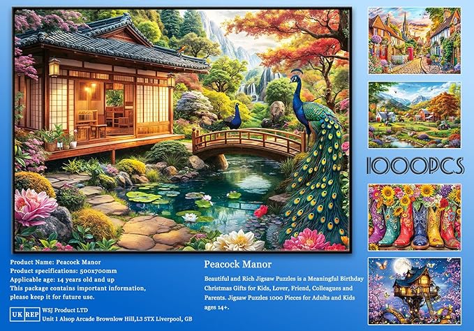 1000 Piece Puzzles for Adults - Traditional Japanese Retreat - Jigsaw Puzzles for Adults and Kids 1000 Piece Educational Games Colorful Puzzles-Exquisite Japanese Garden with Peacocks