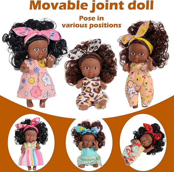 dollbie Adorable 6 Pack African Girl Dolls - Posable 4-Inch African American Dolls with Curly Hair & Stylish Outfits
