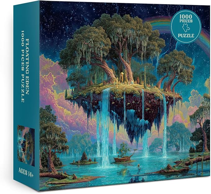Fantasy Forest Floating Island Puzzle 1000 Pieces for Adults, Magic Rainbow Waterfall Jigsaw Puzzle, Lake Starry Night Cloud Art Puzzles