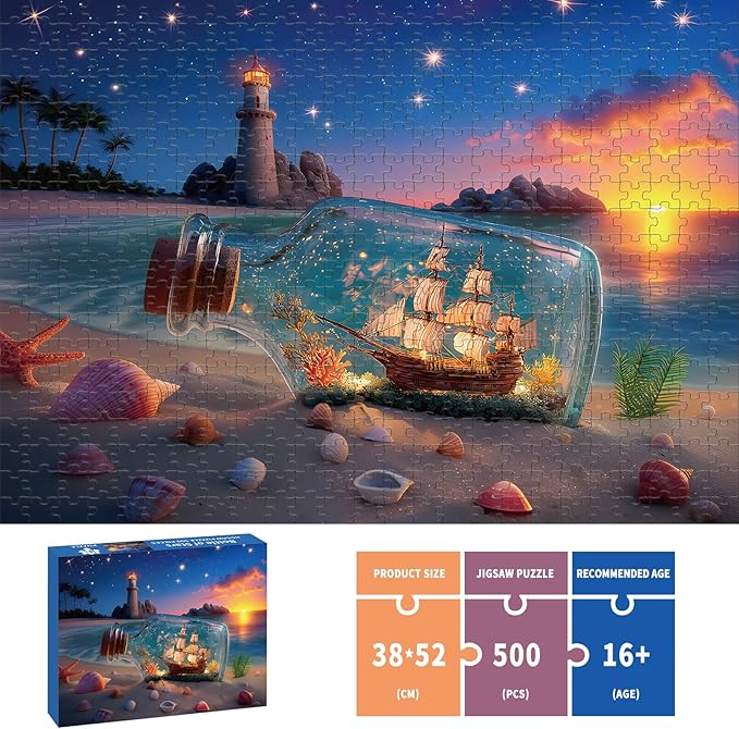 Puzzles for Adults 500 Pieces, Lighthouse Jigsaw Puzzles - Bottle of Stars, Impossible Beach Sailboat Puzzle for Seniors Families, 20.47x14.96 Inches, 1:1 Poster, Letter On The Back