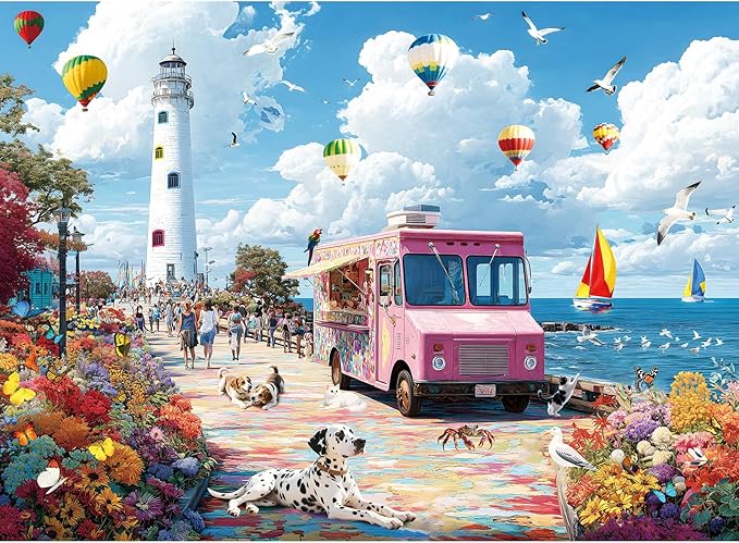 300 Piece Puzzles for Adults, Spring & Summer 300 Piece Puzzles for Adults Large Piece, Hot Air Balloon Ice Cream Truck Jigsaw Puzzle Gift for Adult Kids Family Games Toy, 20.5 X 15 in