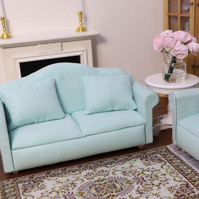 Dollhouse Couch Miniature Furniture Sofa with Pillows for Living Room Desktop Decoration Fabric Sofa Mini Home Scene Accessories Ornament (Double Sofa, Green)