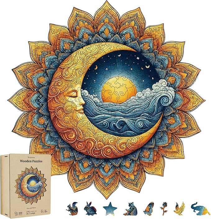 300 Pieces Sun and Moon Wooden Puzzles for Adults, Moon Unique Shaped Wooden Jigsaw Puzzles for Adults, Irregular Adult Wood Puzzle Creative Gift for Family Game