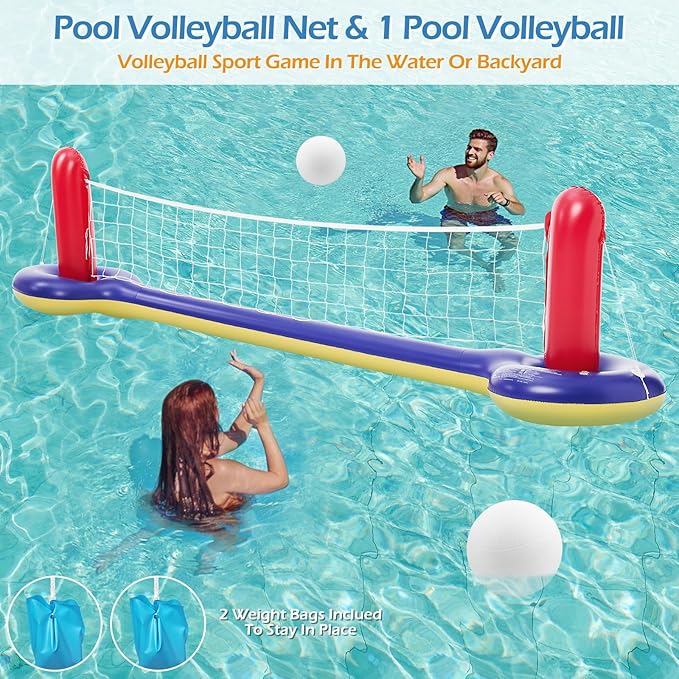 Jasonwell Pool Toys Games Set - 3 in 1 Pool Volleyball Net Basketball Hoop Ring Toss Game Inflatable Floats Water Floating Volleyball Swimming Pools Games Party Gift for Kids Adults (Red&Blue, XL)