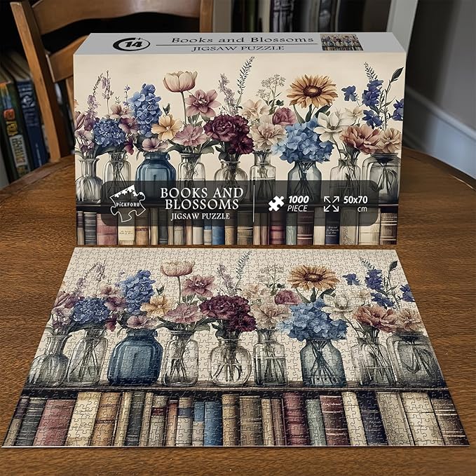 Retro Wildflowers Puzzles for Adults 1000 Pieces, PICKFORU Christian Jesus Floral Book Pages Religious Jigsaw Puzzle, Impossible Challenging Vintage Bookshelf Puzzles as Art Decor