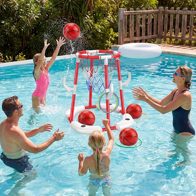 Floating Pool Basketball Hoop, 2-in-1 Basketball Pool Toys for Kids with 4 Balls 12 Rings, Summer Outdoor Swimming Pool Sports Game Water Play Toys for Kids Age 3-12