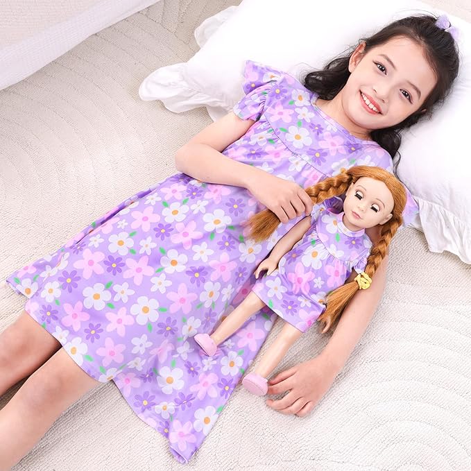 ICOSY Matching Doll & Girls Nightgowns Clothes Girls Pajamas Sleepwear Outfit for Kids and 18" Girl Doll