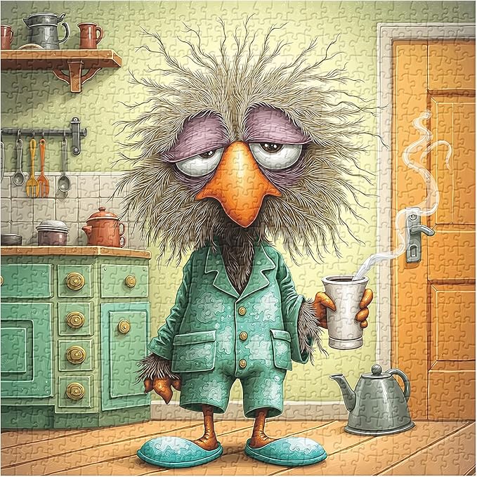 Funny Bird Puzzles for Adults 1000 Pieces, Cute Morning Coffee Birds Jigsaw Puzzles, Sleepy Tired Animal Puzzle