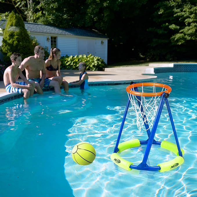 NERF Floating Pool Basketball Hoop + Football Target Net Set - Water Basketball + (2) Water Footballs Included - Floating Hoop + Target Goal for In-Pool + Poolside Play - Sports Toys for Kids