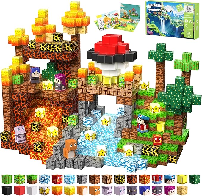 Light Up Magnetic Blocks, 208PCS Magnetic Building Blocks Light Up, Stacking Magnets for Kids, Sensory Toy for STEM Constructions Magnet Blocks for Boys Girls Age 3+, Birthday Gifts