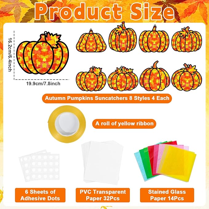 32 Sets Pumpkin Suncatchers Craft Kit DIY Window Stained Glass Effect Fall Pumpkin Paper Crafts Home School Classroom Autumn Thanksgiving Decor Kid Birthday Gift Creative Art Project Activity Game