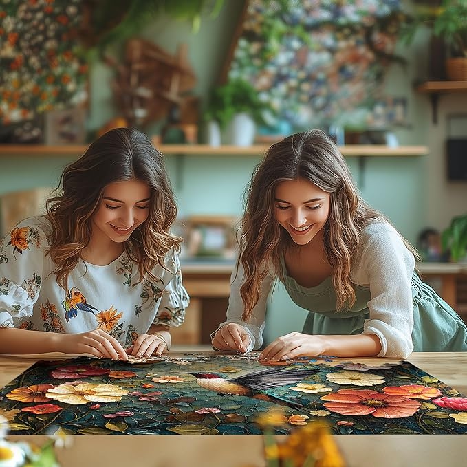 Puzzles for Adults 1000 Pieces, Vintage Flower Hummingbird Jigsaw Puzzle 1000 Pieces, Retro Bird Nature Art Themed Hard Puzzles with Letters on Back for Family Game Gift, 1:1 Poster
