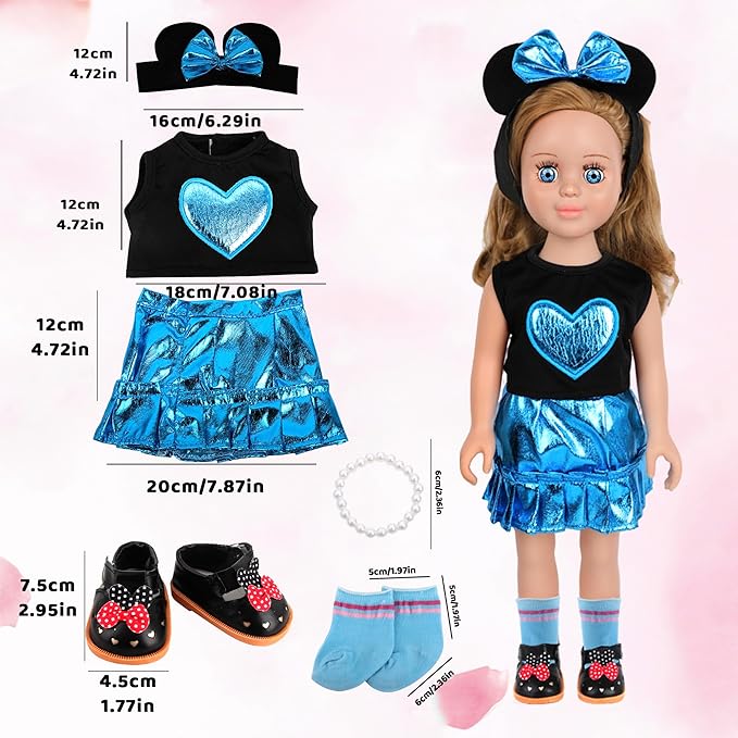 MSYO 18 Inch Doll Pretend Play Set-9 Pcs Party Dress Up Collection with Polka Dot Dress,Bow Headband,Pearl Accent Necklace,Shoes & Glasses for 18 Dolls(Blue)