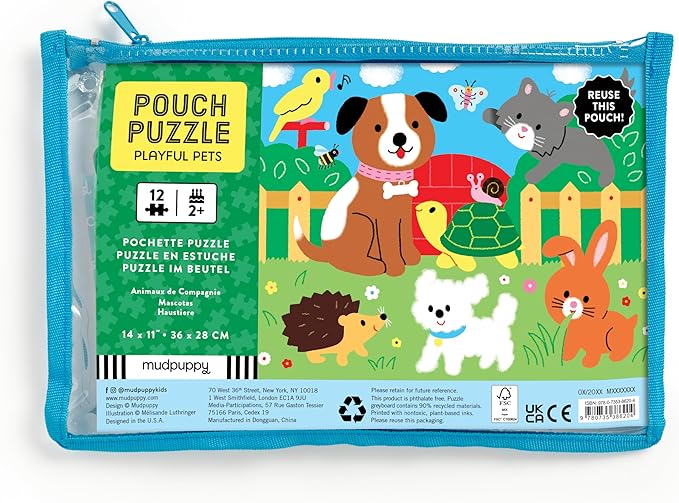 Mudpuppy Playful Pets – 12 Piece Puzzle with Reusable Zipper Pouch Featuring Colorful and Fun Illustrations of Pets Perfect for Easy Storage and Travel