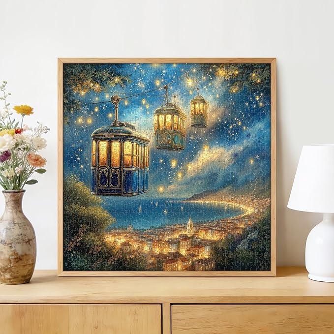 Magical Starry Sky Cable Car 1000 Piece Jigsaw Puzzle for Adults - Fantasy Coastal Town with Glowing Lights, Poster & Lettered Back, 22.8" Square HD Quality, Unique Gift for Travel & Fantasy Lovers