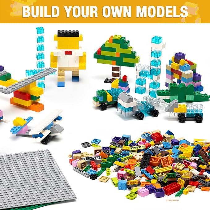 1600 Pieces Building Bricks, Building Bulk Block with 2 Packs 24x24 Studs Sticky Plate and 46PCS Wheel Accessory - Compatible with All Major Bricks, Gfits for Kid - 18 Shape/16 Colo