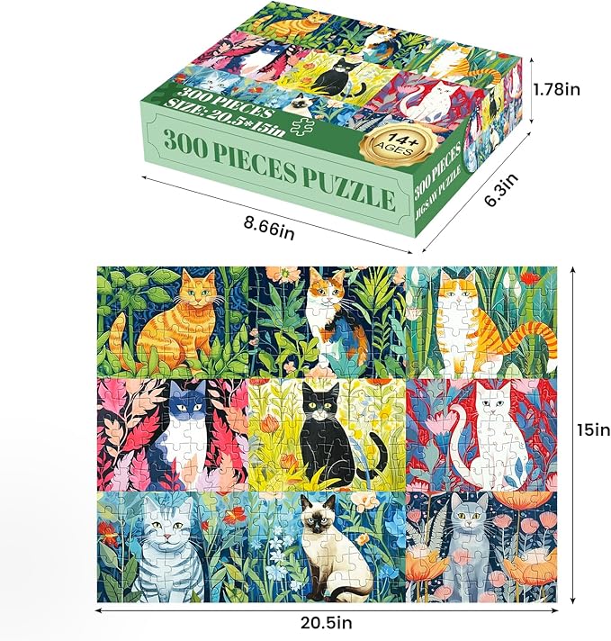 300 Piece Puzzle for Adults-Cats and Flowers | Recycled Cardboard Jigsaw Puzzles 300 Pieces | Challenging Family Activity Great Gift Idea for Family Friends | Difficult Puzzles Size 20.5X 15 inches