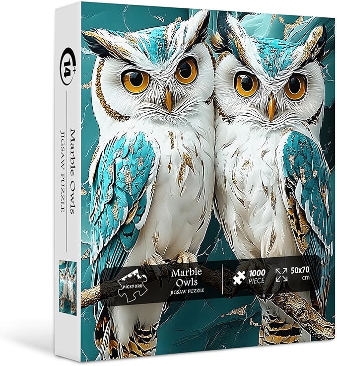 PICKFORU Owl Jigsaw Puzzles 1000 Pieces, Marble Art Owls Puzzles for Adults, Stone Carving Animal 1000 Piece Puzzle Hard Challenging