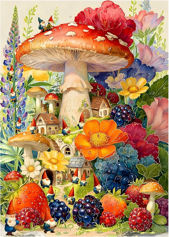 Gnome Mushroom Puzzles for Adults 1000 Pieces, Colorful Magical Floral Garden Village Jigsaw Puzzle, Fantasy Gnome House Flower Fruits Puzzle, Spring Nature Plant Challenging for Adults