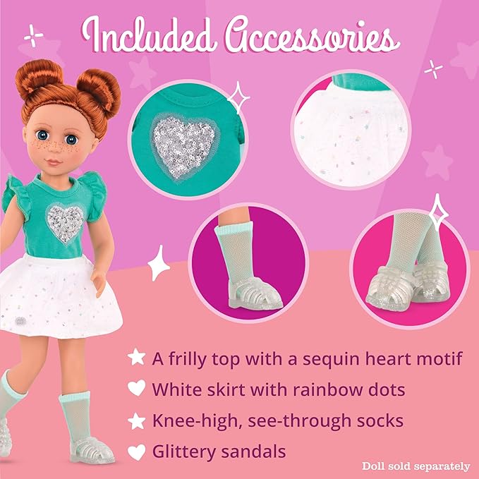Glitter Girls – 14-Inch Doll Clothes – Sparkling with Style Glittery Top and Skirt Regular Outfit - Doll Top & Skirt, Green White - 3+ Years